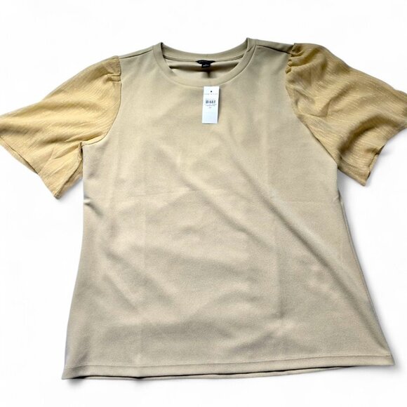 Ann Taylor Beige Contrast Silky Sleeve Knit Top – Elegant Textured Short Sleeve - Picture 5 of 5